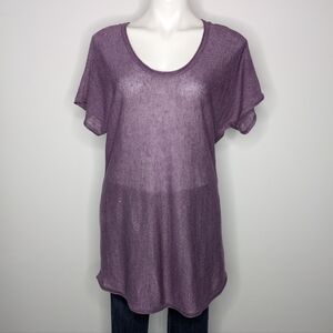 Lord & Taylor Purple Lightweight Sheer Short Sleeve Linen Scoop Neck Top M